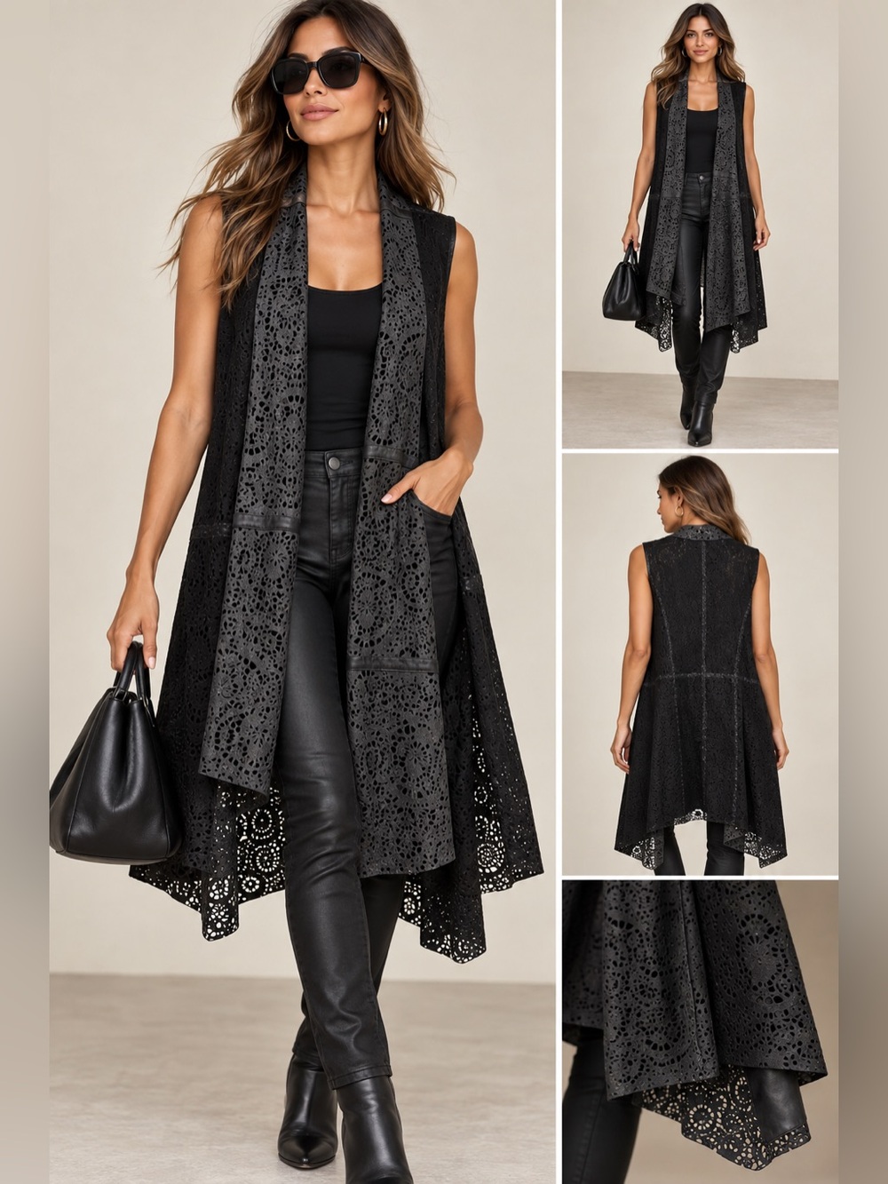 CASINI FIRENZE Jennifer Tattanelli Black Laser Cut Leather Vest Italy